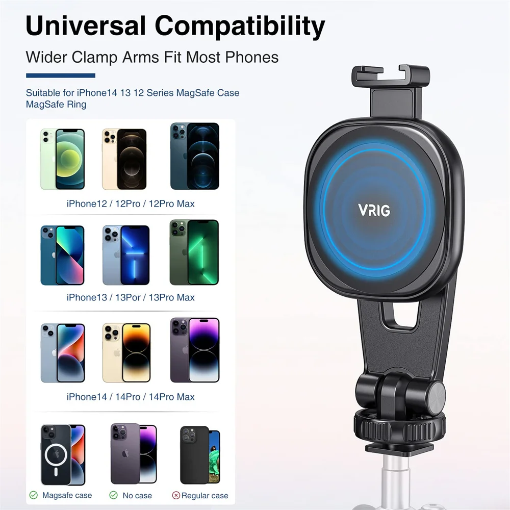 New Vrig MG-03 Magnetic Camera Phone Holder Tripod Mount for Mag-Safe iPhone 14 13 12 Series Magnet Phone Holder with Cold Shoe