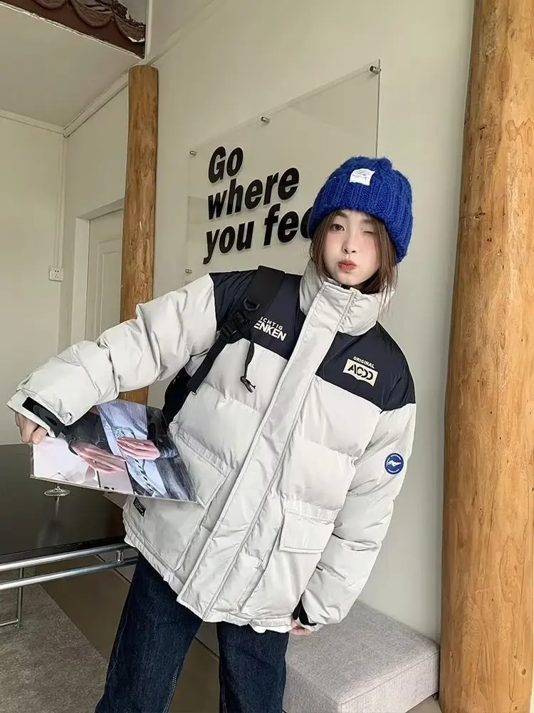 Winter Cotton Padded Clothes Loose Coat High Collar Zipper Cargo Letter Print Patchwork Harajuku Woman Casual Streetwear