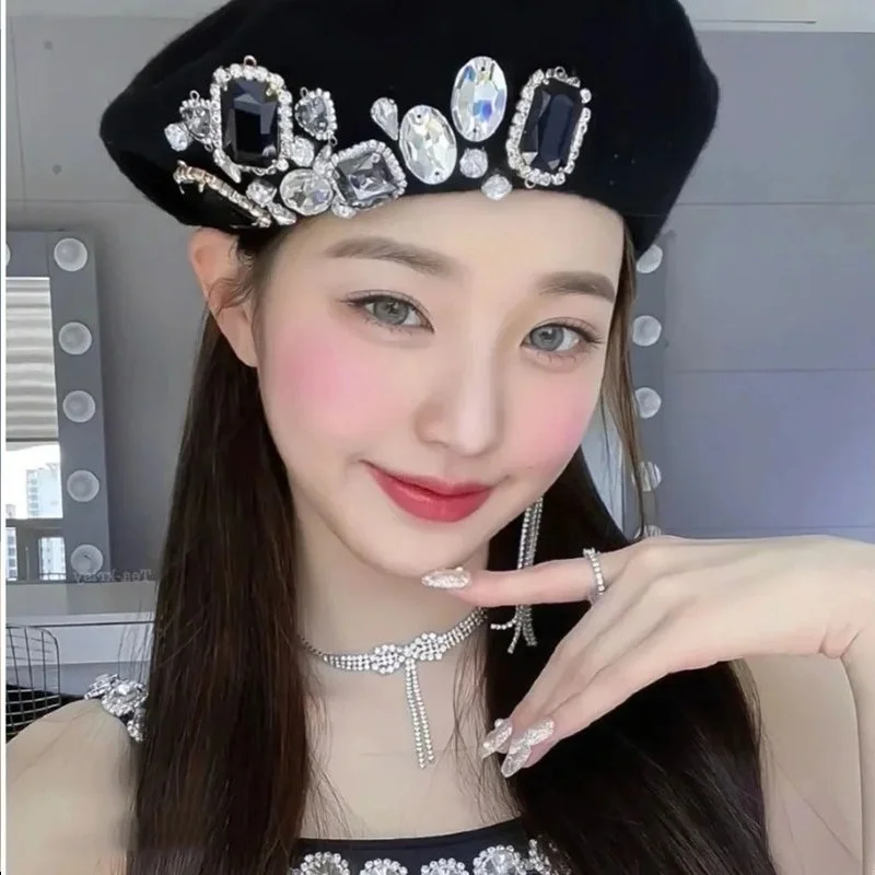 

2022 New Woolen Painter Hat Korean Version Hat Diamond Beret Live Autumn And Winter