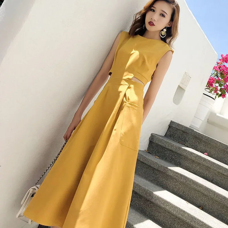

Long Summer Women Dress Elegant French New Korean Style Temperament Goddess Sleeveless Hollow Out Thin Holiday Befree Streetwear