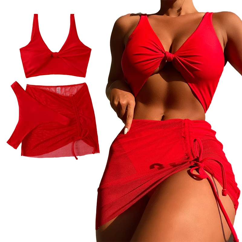 

Женский купальник, новинка 2022, однотонный сексуальный купальник, сетчатый купальник-тройка, комплект бикини с юбкой