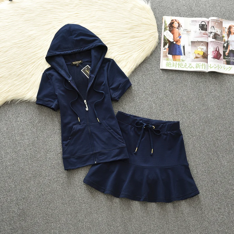 

Cotton Fashion Women Two Piece Sets Short Sleeve Casual Outfits Button Crop Hooded Zipper Top And Skirt Solid Color Set S-XL