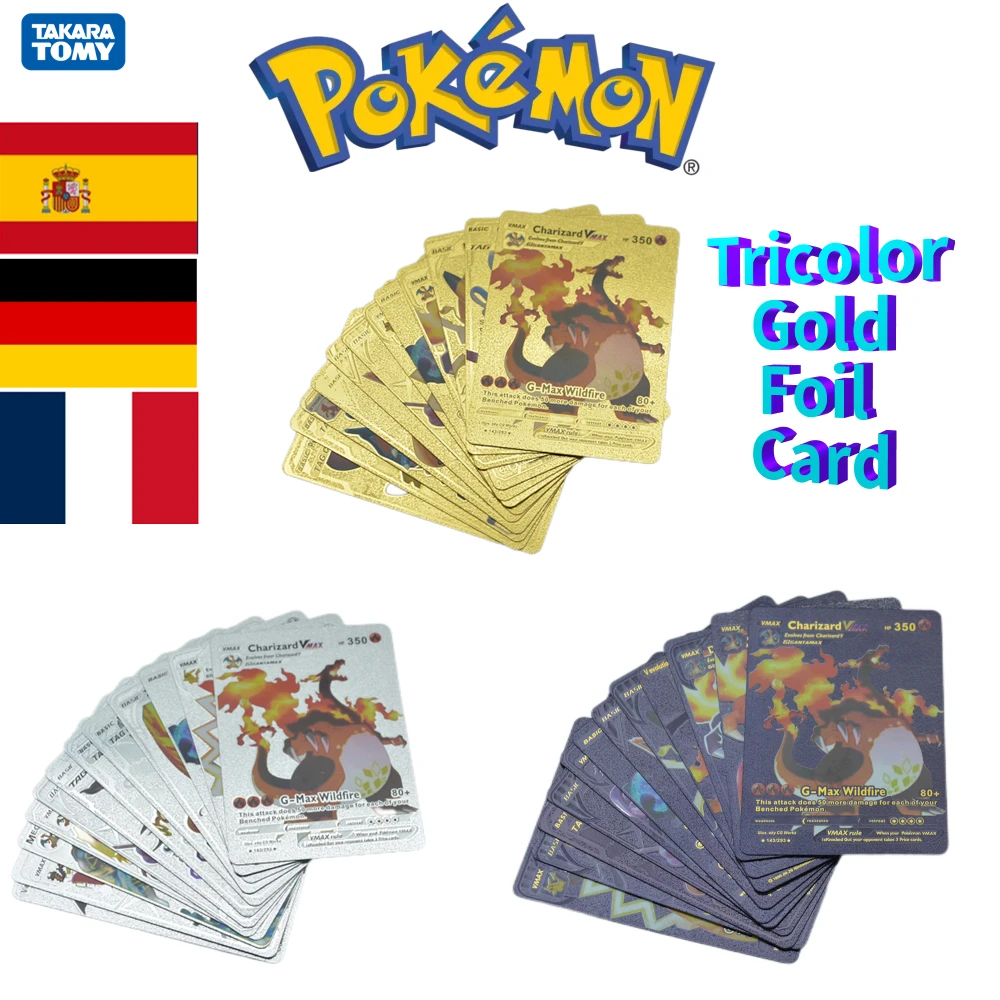 

15-81 Pcs Pokemon Card Gold Silver Black Spanish German French English Combo Card Vmax Gx Golden Letters New Kids Christmas Gift