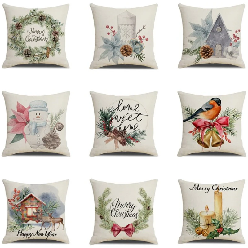 

Christmas Cushion Cover Simple Painting Printed Pillow Covers 18x18 Inches Xmas Decorations Candle Bird Flower Linen Pillowcase