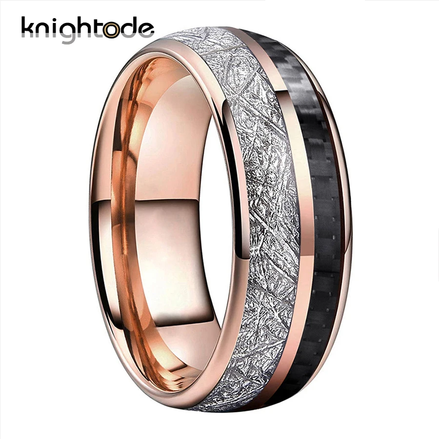 

8mm Tungsten Carbide Ring White Meteorite/Black Carbon Fiber Inlay Men Women Engagement Wedding Band Dome Polished Comfort Fit