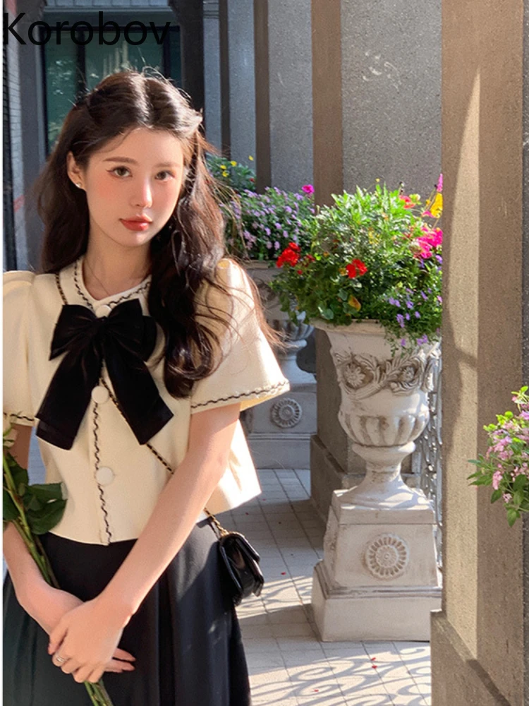 

Korobov, винтажная Милая французская блузка со снижением возраста, с круглым вырезом и небольшим запахом, модная блузка с бантом, характерный у...