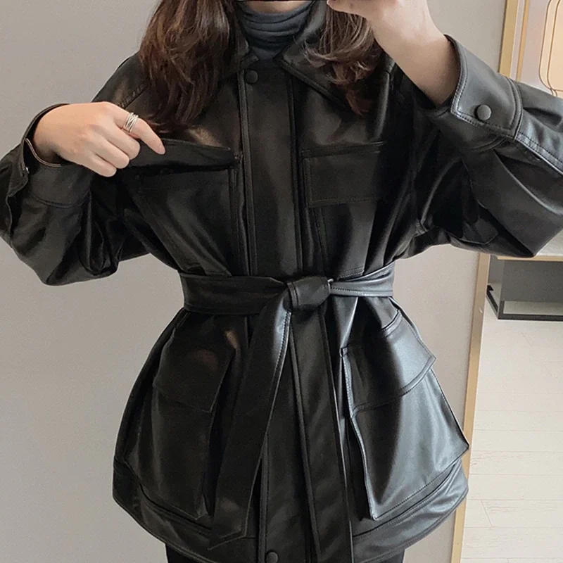

Slim PU Coats Women Faux Jackets Leather Vintage Motor Biker Jackets Elegant Tie Belt Waist Pockets Buttons Coats