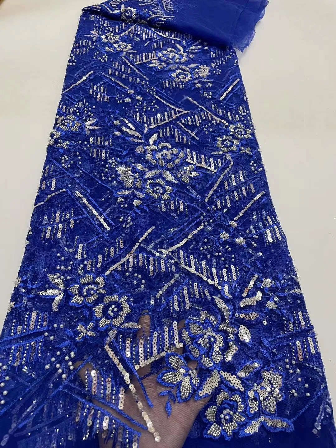 

Handmade Beaded Embroidered Lace Fabric Royal blue Sequins Nigerian 2022 High Quality Heavy For Wedding And Party