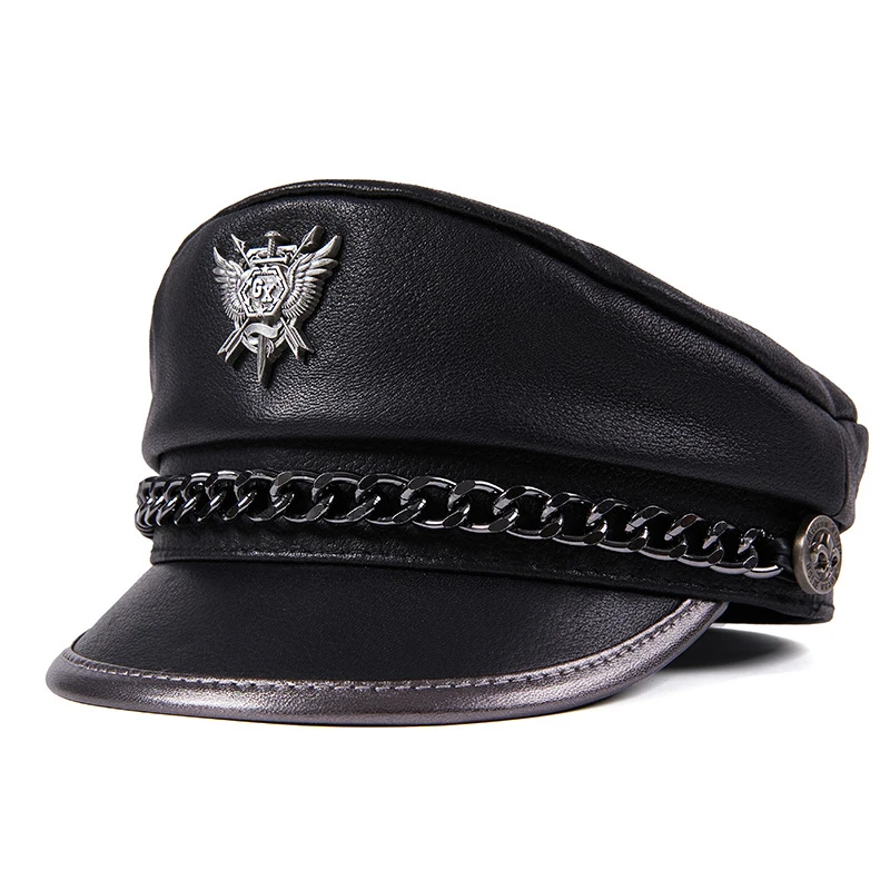 

Spring Original Men's Genuine Leather Hat Punk Cortical Chain Flat Top Badge Locomotive Military Caps For Men Gorra Dropshipping