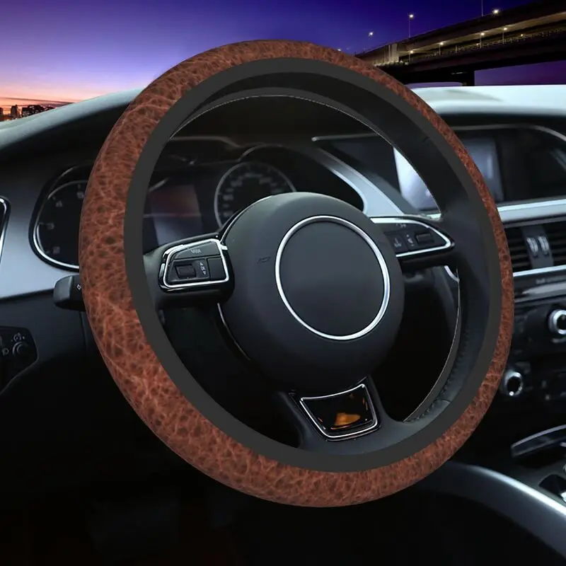 

37-38cm Brown Leather Print Auto Car Steering Wheel Cover Women Men Vintage 15 inch Steering Wheel Protector Fit for SUV