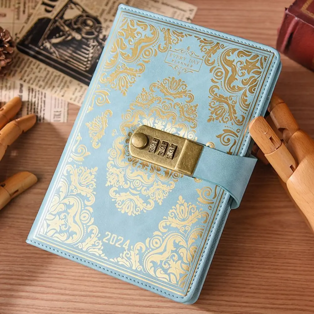 

Password Locking 2024 Combination Lock Journal A5 Vintage Agenda Notebook PU Leather General Memory Book