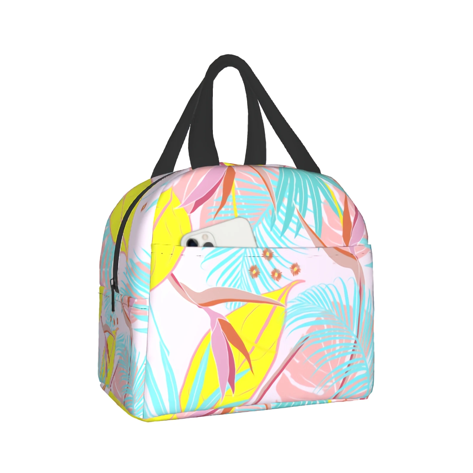 

Сумки для ланча с тропическими растениями, многоразовый кулер с синими и розовыми листьями, для женщин и мужчин, для работы и школы, для мальчиков и девочек