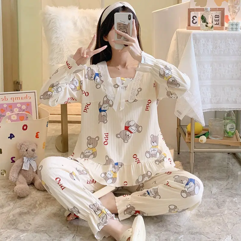 Long Nightgowns Women Lace Girlish Full Sleeve Princess Style Autumn Nightdress Korean Version Lady Sexy Sleepwear Pure Female