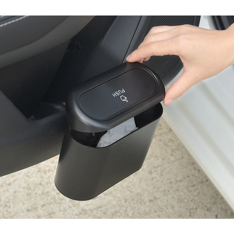 Car Trash Bin Hanging Vehicle Garbage Dust Case Storage Box Black ABS Square Pressing Type Trash Can Auto Interior Accessories