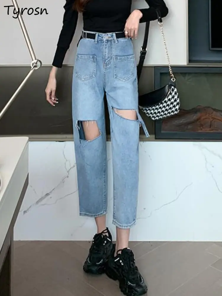 

Джинсы женские прямые в стиле High Street, модные простые однотонные ажурные элегантные универсальные дамские брюки в Корейском стиле, весна