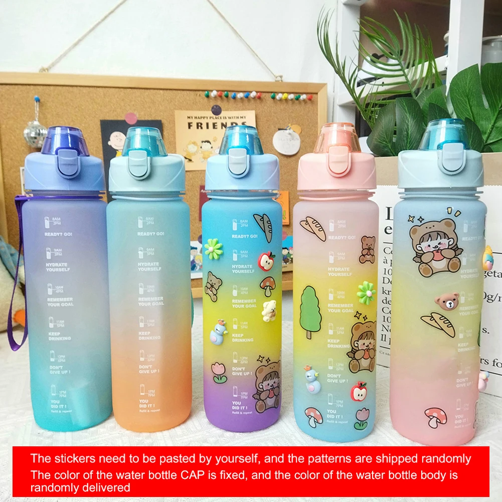 

1L Large Capacity Water Bottle With Bounce Cover Time Scale Reminder Frosted Cup With Cute Stickers For Outdoor Sports Fitness