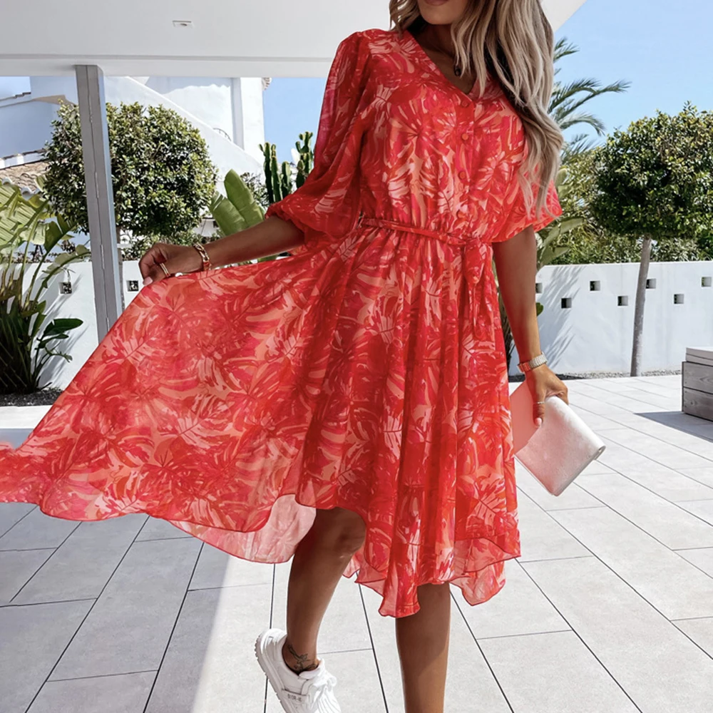 

Red Floral Dress Summer Clothes for Women Asymmetrical Dress Print Button Sashes Midi A-Line Dresses Women's Boho Beach Vestidos
