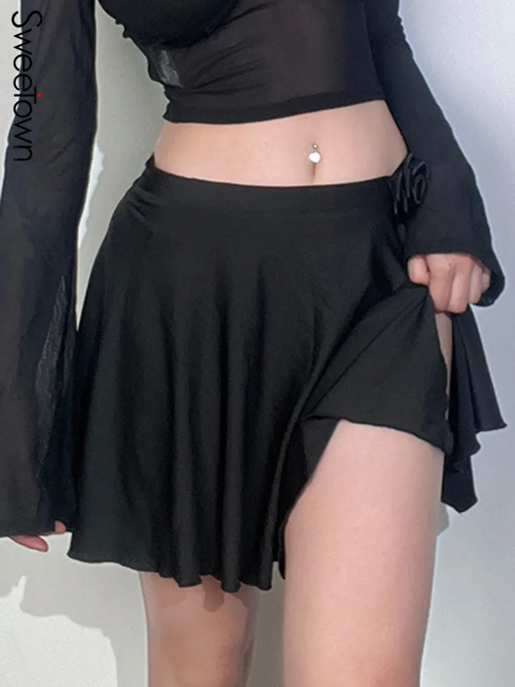 

Sweetown Tie Flower Low Waist Black Goth Short Skirt Korean Fashion A Line Womens Skirts Slit Sexy Dance Party Night Clubwear