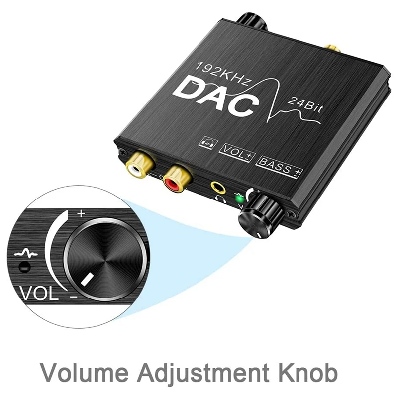 192Khz Digital To Analog Audio Converter With Bass And Volume Control SPDIF/Optical/Coaxial Stereo