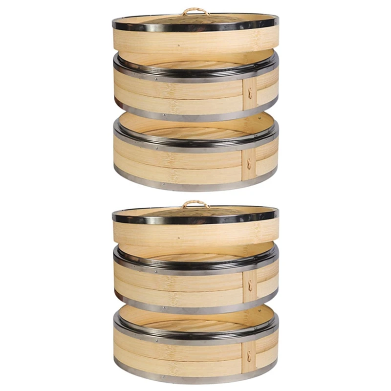 

2X 2 Tier Kitchen Bamboo Steamer With Double Stainless Steel Banding