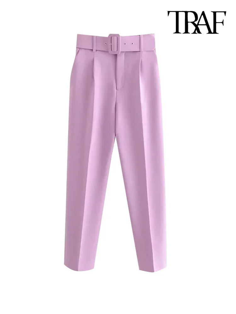 

TRAF Women Fashion With Belt Side Pockets Office Wear Pants Vintage High Waist Zipper Fly Female Ankle Trousers Mujer
