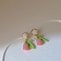 minar retro pink color arcylic resin tulip earring for women simulated pearl flower drop dangle earrings party casual jewelry