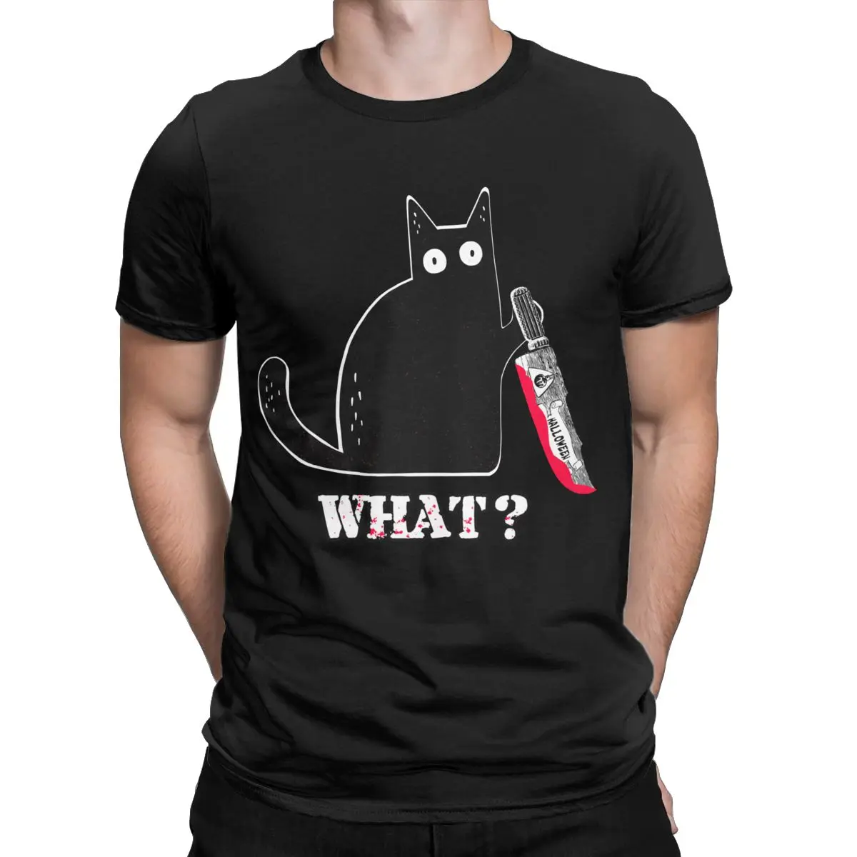 

Cat What Murderous Black Cat Halloween Saying T Shirt Funny Tees Short Sleeve Round Collar T-Shirt 100% Cotton Unique Clothes