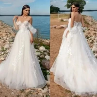 sexy off shoulder wedding dress sweetheart lace appliques up boho a line bridal gown backless tulle sweep train vestido de noiva