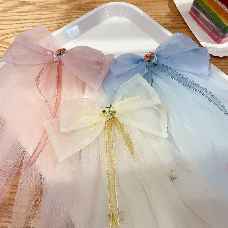 

New Korean Hairpins for Kid Girl Big Bow Embroidery Floral Princess Hair Clip Double-layer Mesh Birthday Party Hair Accessories