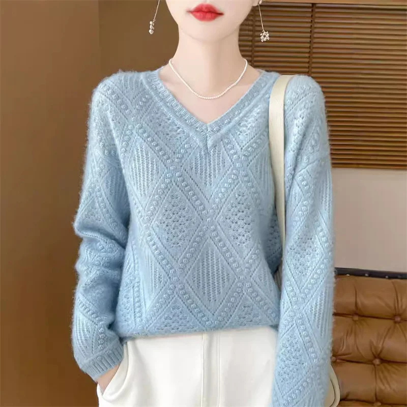 New 2025 Fashion Autumn V-Neck Pullover Sweater Women Knitted Long Sleeve Bottoming Shirt Female Jumper Knitwear Top