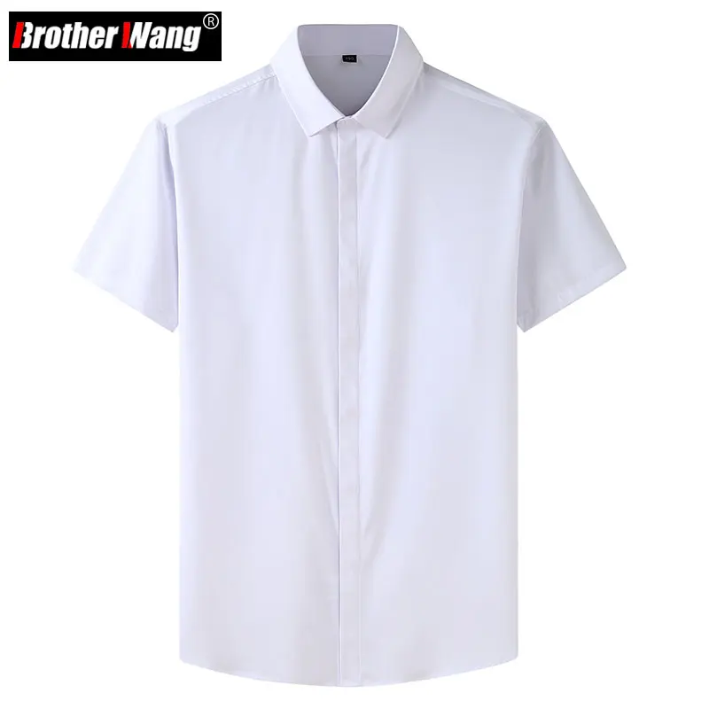 

Мужская Однотонная рубашка большого размера с коротким рукавом, Классическая Летняя деловая Модная рубашка из стрейчевой ткани, брендовая ...