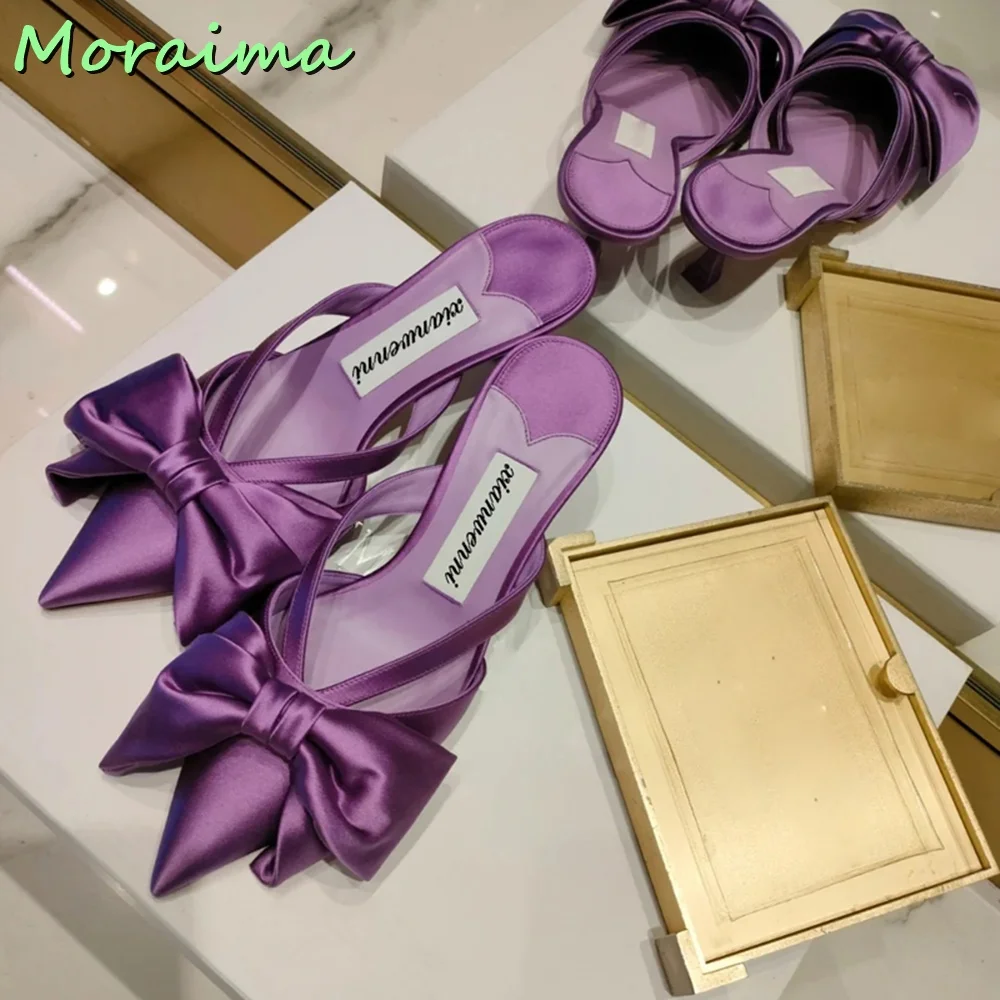 Rosy Red Velvet Butterfly Knot Slides Designer Women Pointed Toe Satin Mesh Slippers Summer Sexy Thin Mid Heel New Arrival 2023