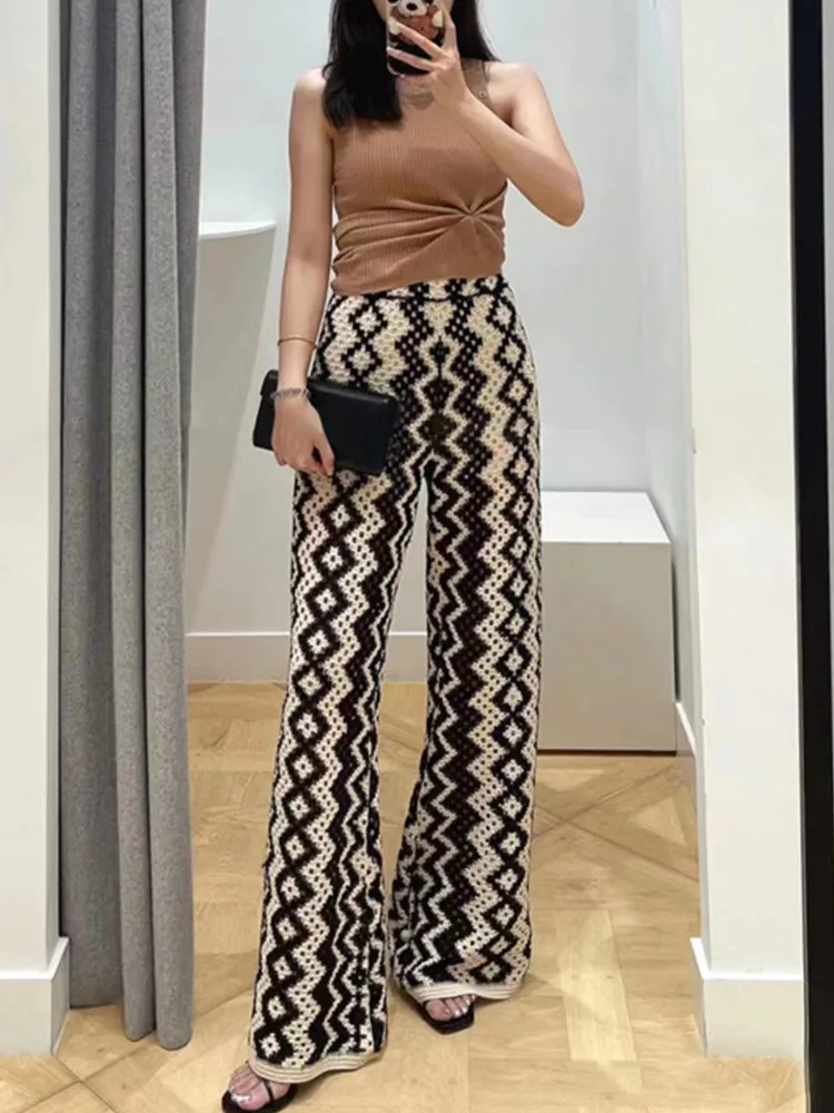 

2023 Summer Women Hollow Out Simple Knitted Pants High Waist Casual Elastic Waist Fashion Ladies Vintage Trousers