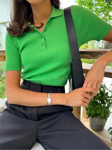 Рубашка-поло женская с коротким рукавом, модная однотонная Повседневная Свободная базовая одежда на пуговицах, зеленый цвет, лето 2023