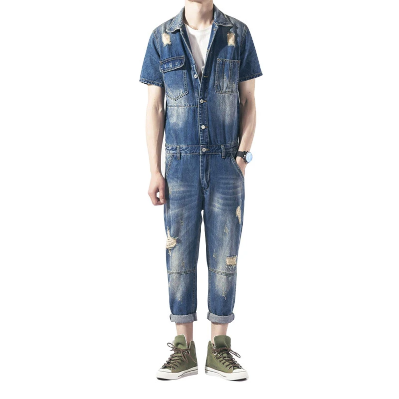 Men's Summer Ripped Denim Jumpsuit Short Sleeve Jumpsuit Casual Comfortable Hip Hop Jeans Ripped Jeans Cargo Pants Street Pants