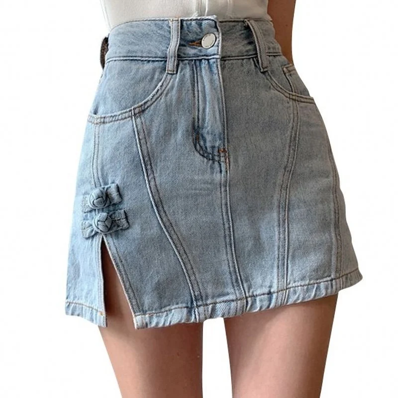 

Women Sexy Korean Style A Line Preppy Mini Jeans Skirts 2021 Summer Women High Waist Blue Denim Skirt Solid Casual Faldas Mujer
