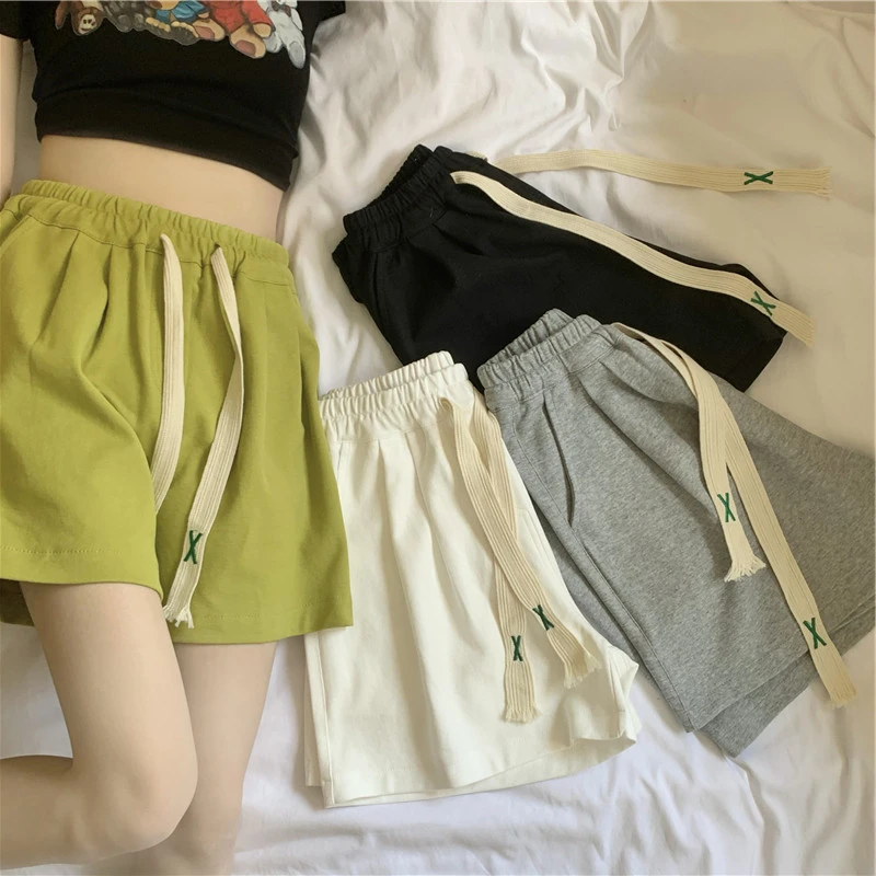 Elastic waist outer wear sports wide leg shorts for women's summer thin knit cotton Korean high waisted solid color casual pants