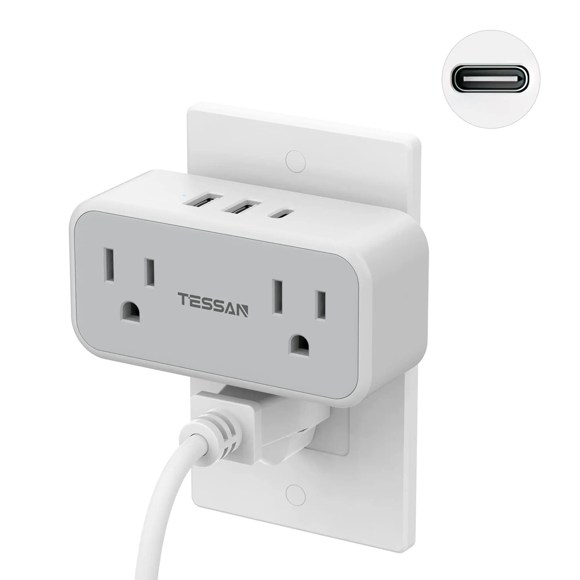 Сетевой удлинитель TESSAN 5 в 1 с 2 розетками переменного тока и 3 USB-портами (1 порт USB C), настенное зарядное устройство Mini USB для дома и путешествий