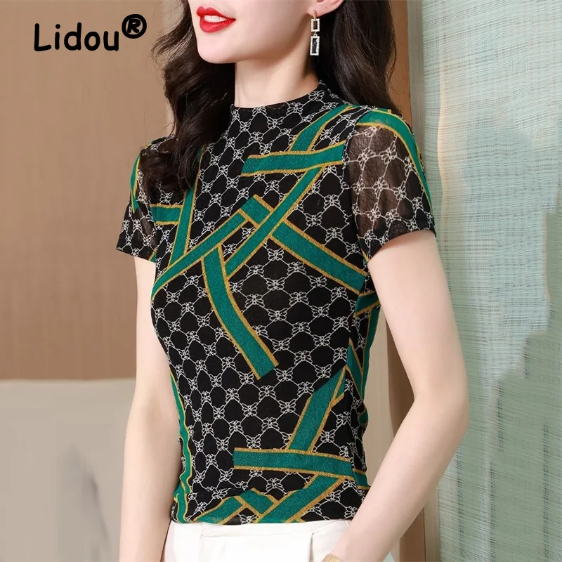 

Sexy Mesh Patchwork Slim Fit Short Sleeve Casual Basic T Shirt Women 2022 Summer Fashion Vintage Chic Print Ladies Tops Clothing