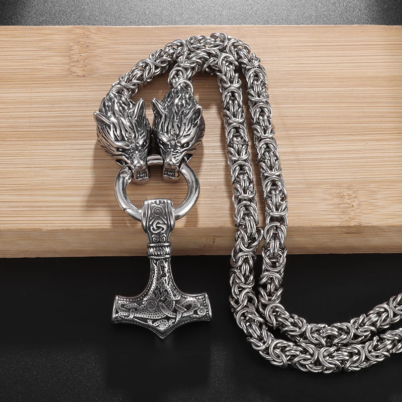 

Vintage Viking Thor Hammer Double Wolf Head Biting Ring Pendant Stainless Steel Necklace Men Fashion Street Biker Party Jewelry