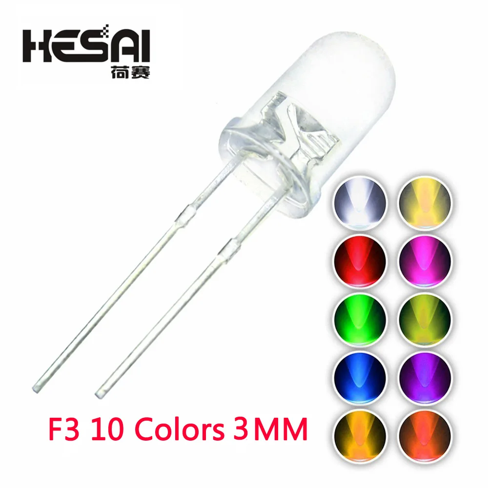 

100PCS/lot F3 3MM Round Green/Yellow/Blue/White/Red/Warm White/Orange/Purple/Pink/Yellow Green LED Light Diode Kit