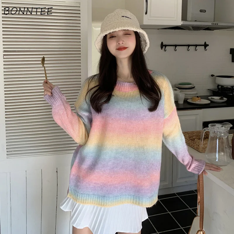 

Striped Pullovers Women Loose Sweet Leisure Rainbow Girlish Retro Harajuku Students Jumper Daily Holiday Autumn Clothes Knitted