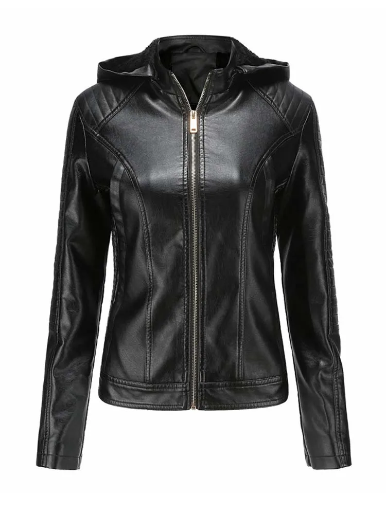 Women's PU Leather Jacket Veste Femme Autumn Winter Vintage Fleece Female Hooded Leather Coat Hat Detachable Motorcycle Coat