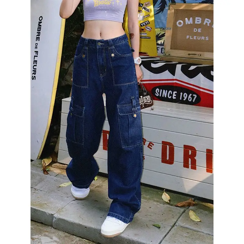 

American high street dark blue retro tooling jeans women loose European and American ins straight casual pants tide