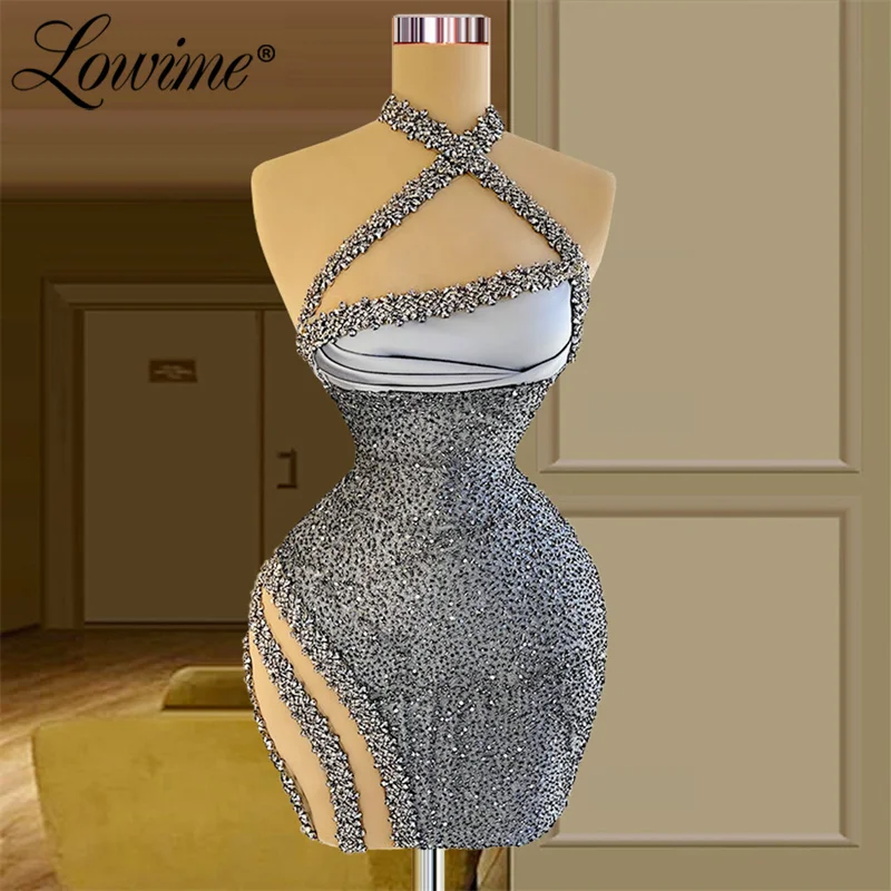 

Lowime Grey Beads Glitter Party Dress Women Hot Sexy Halter Evening Gowns 2022 Mini Sheer Graduation Homecoming Dresses Robes