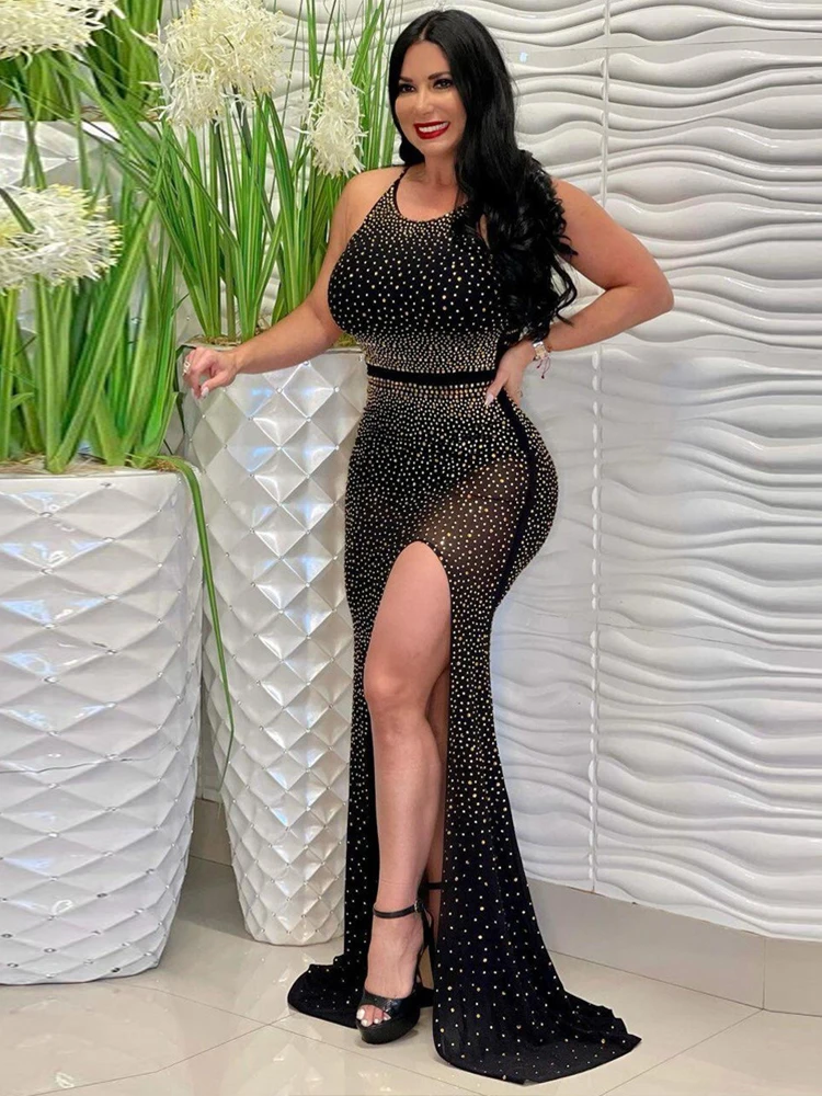 

Платье женское на бретельках-спагетти, пикантный Элегантный Блестящий сарафан в пол, с Боковым Разрезом, одежда для дня рождения