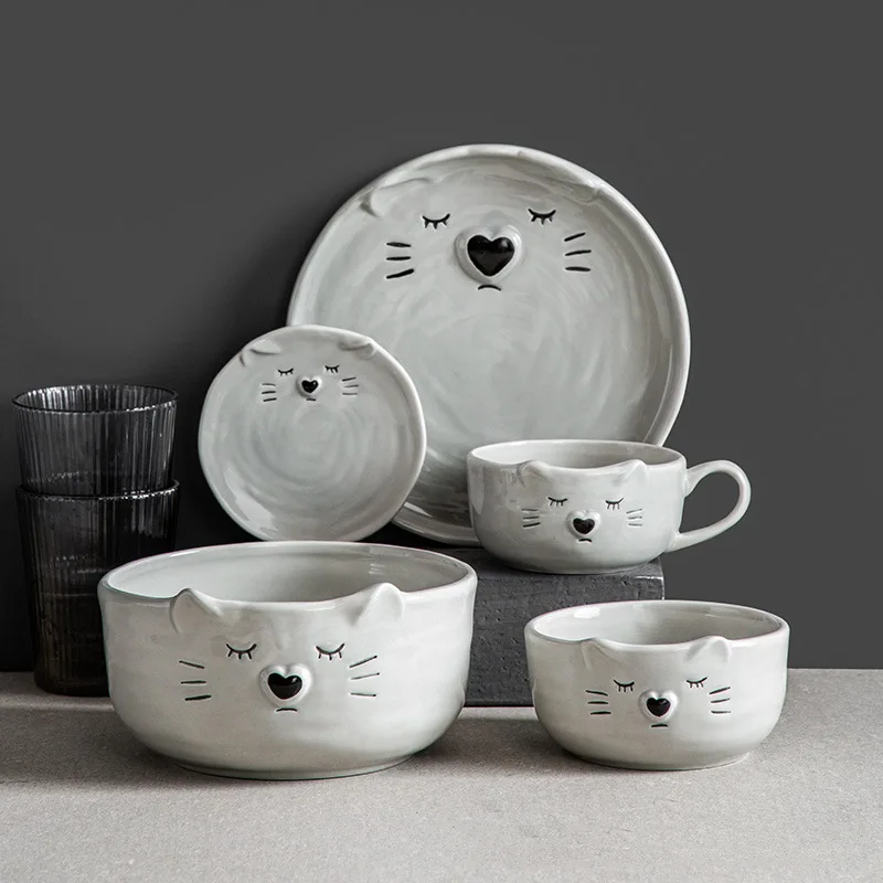 

Cute Bowl Plate Kitten Ceramic Salad Noodle Soup Bowl Cartoon Animal Decoration Dessert Fruit Plate Coffee Cup Kitchen Tableware