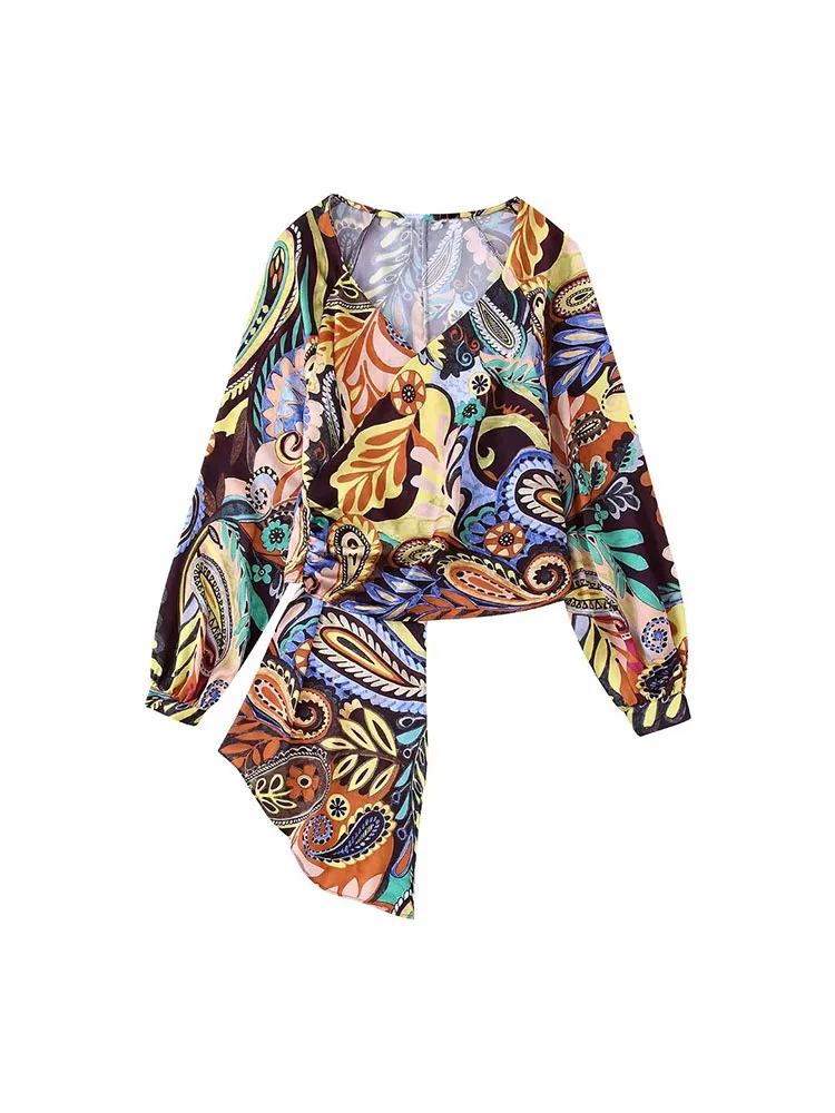 

DYLQFS Women Fashion Side Gathered Printed Crossover Blouses Vintage V Neck Long Sleeve Female Shirts Blusas Chic Tops