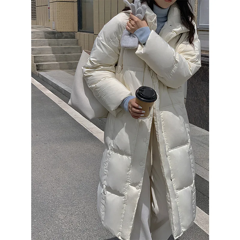 Women's Down Jacket Winter New Simple Medium Length Cotton Jacket Stand Collar Windproof Thick Warm White Eiderdown Jacket