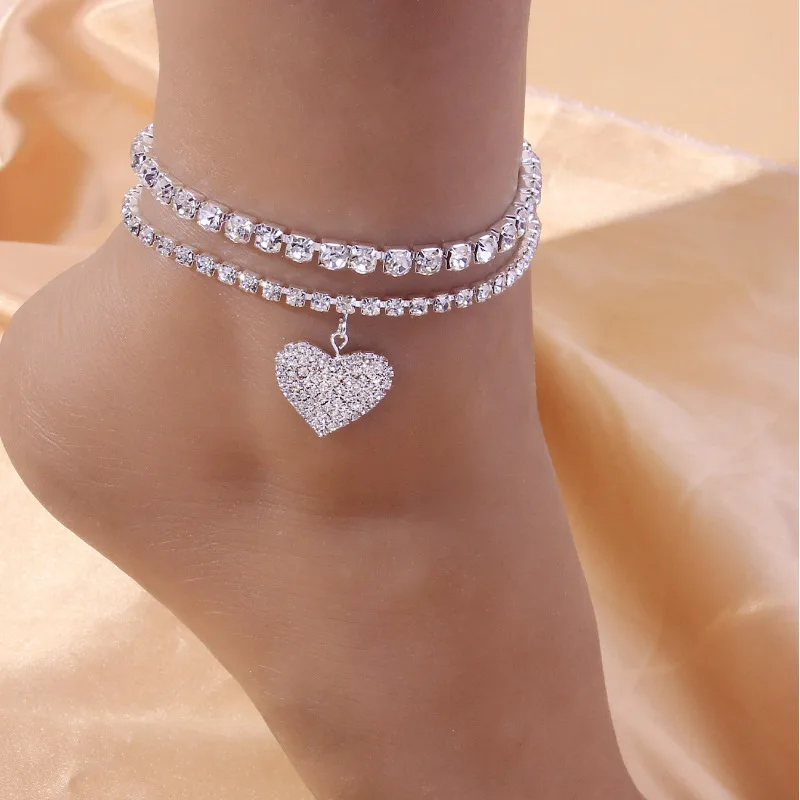 

Double Heart-shaped Rhinestone Anklet for Women Fashion Gold Sliver Love Zircon Alloy Pendant Anklet Bracelet Beach Foot Jewelry